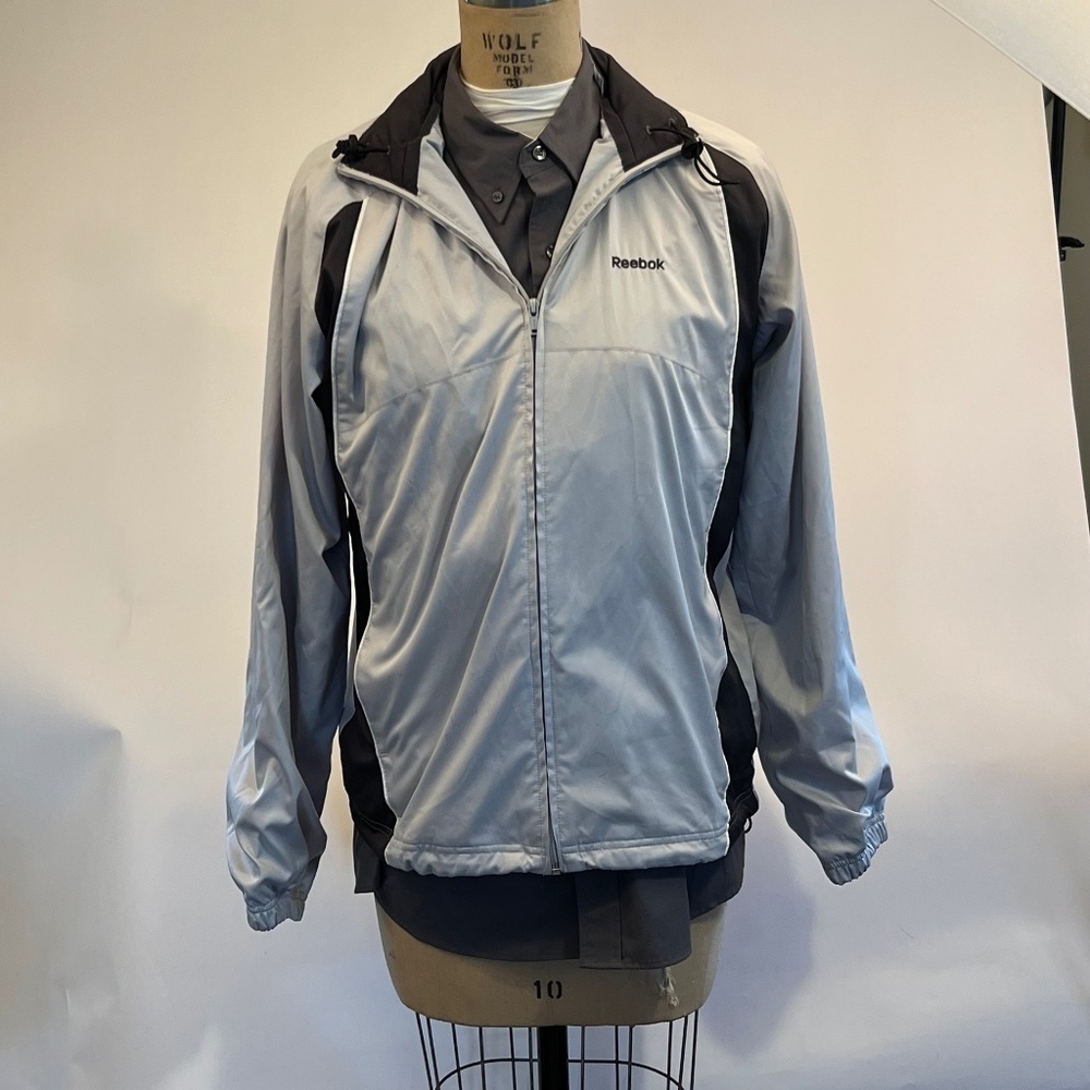 Mens Grey With Black Stripe Reebok Windbreaker with Hood Size Small‎